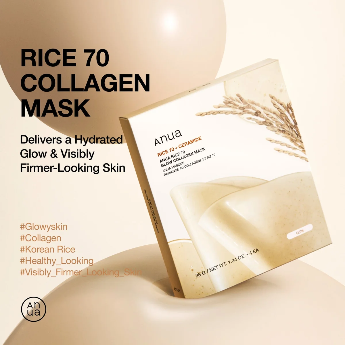 Anua Rice 70 Glow Collagen Mask 4 pcs